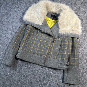 Banana Republic Petite S Plaid Moto Jacket Faux Fur Collar Wool Blend Gray